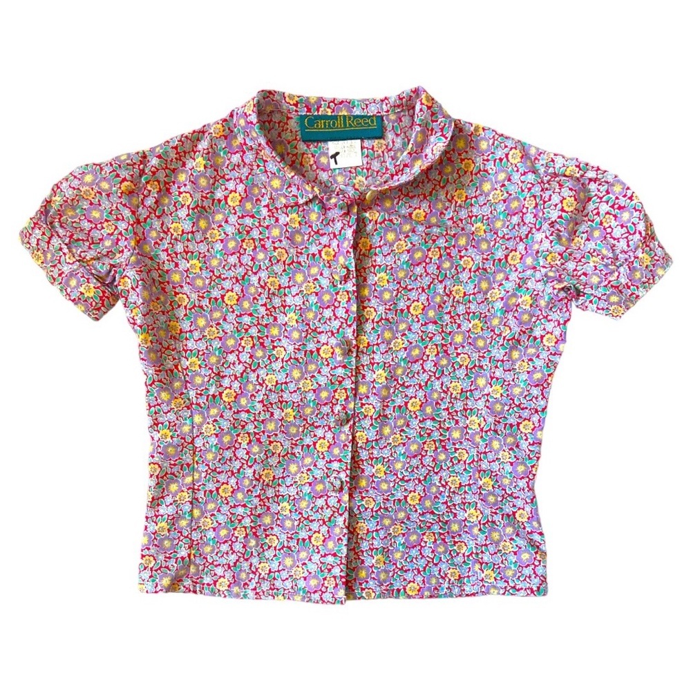 VINTAGE 90s Shirt Blouse Floral Cotton Cottagecore Pink Button Peter Pan